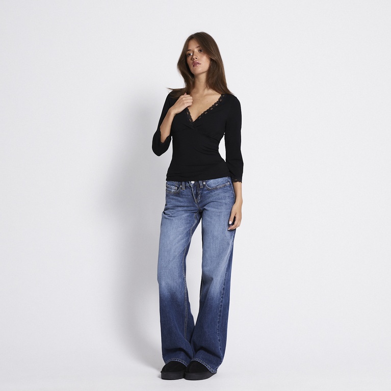 V-neck lace 3/4 sleeve top "Leonore" Black